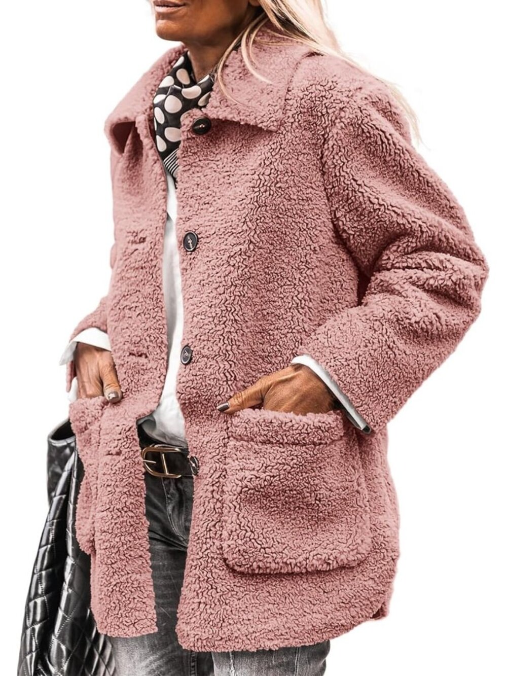 Women's Pink Fleece Sherpa Coats Winter Outfit Warm Faux Fur Trendy Fall Jacket